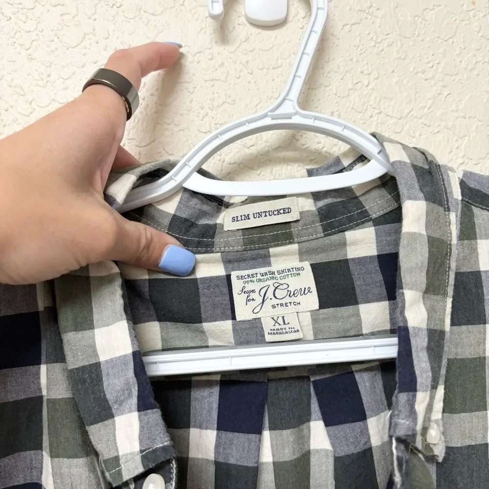 J Crew Mens Slim Untucked Stretch Button Down Shirt Plaid Size XL Organic Cotton